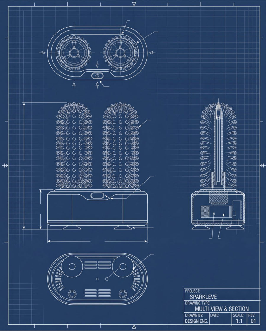 Technical engineering drawing of the Sparkléve home glass polisher