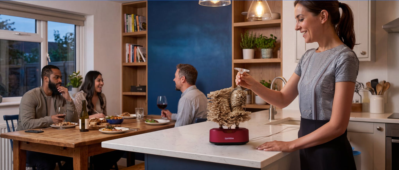 Woman polishing a wine glass with a Sparkléve glass polisher at a kitchen counter while friends enjoy conversation at a nearby dining table