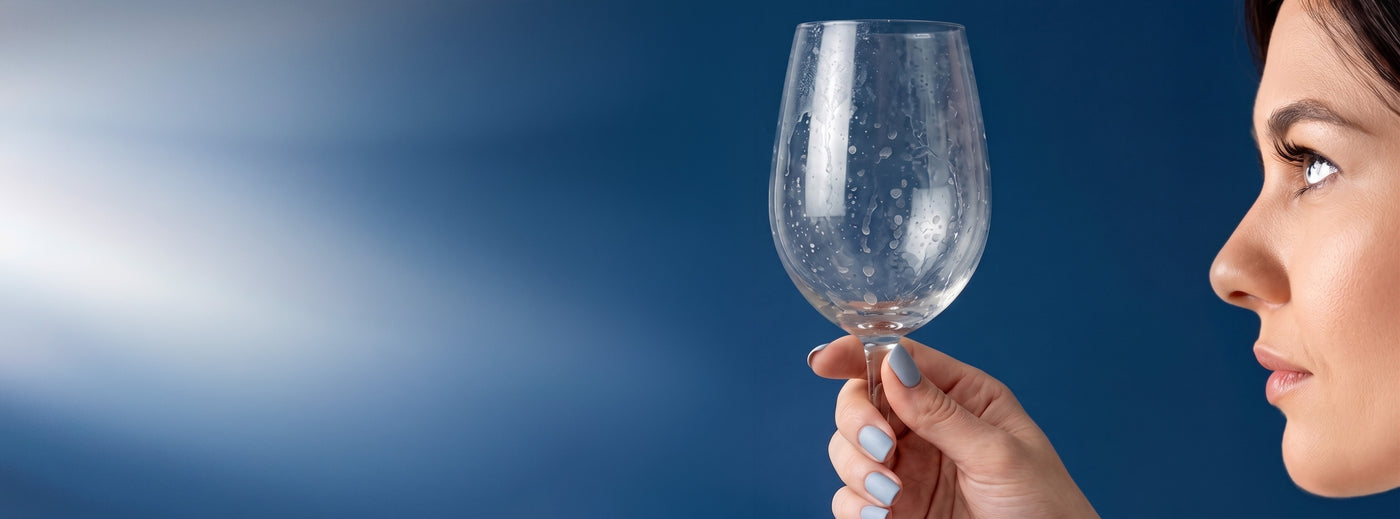 Woman holding a streaky, spotty, hazy wine glass showing the problem Sparkléve glass polisher solves.